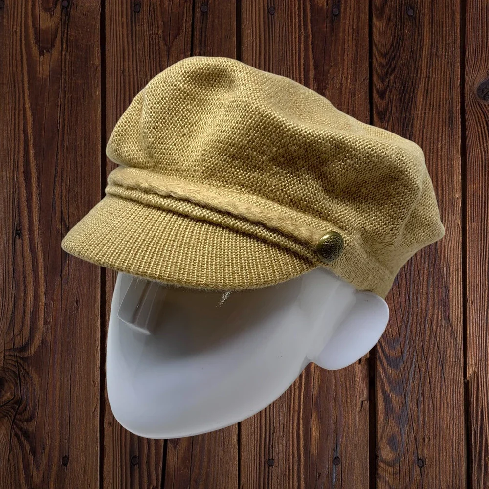 Vintage Y2K 00's Tan Knit Soft Newsboy Hat Cap Braided Military Brass Trim